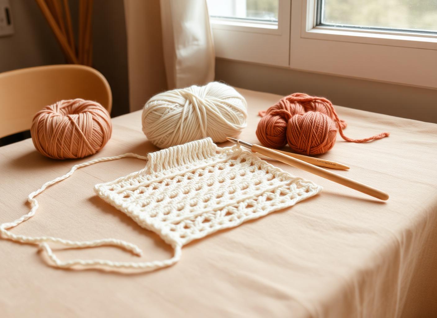 Mesa de ateliê com novelos de lã em tons terracota e creme, agulha de crochê e peça em andamento